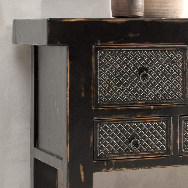 Long black console table with drawers, detail