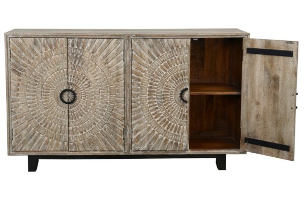 carved reclaimed wood sideboard with open doors