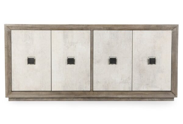 Large oak wood and concrete laminate media console, front