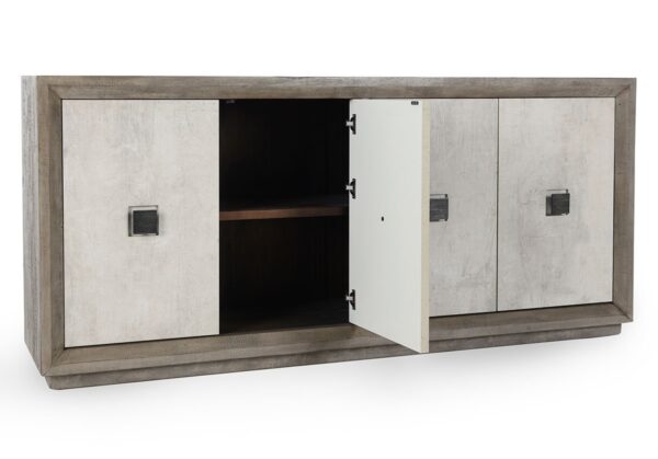 Large oak wood and concrete laminate media console, open