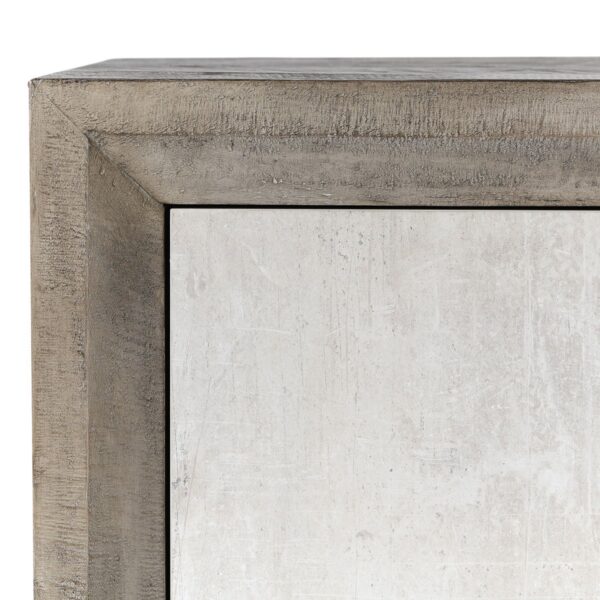 Large oak wood and concrete laminate media console, close up