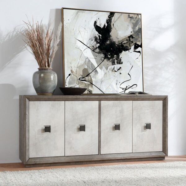 Large oak wood and concrete laminate media console, seen in home setting