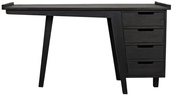 Black wood desk with 4 drawers on right side, front view.