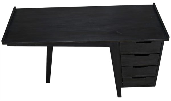 Black wood desk with 4 drawers on right side, view of the top.
