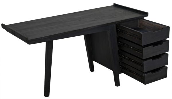 Black wood desk with 4 open drawers on the right side.