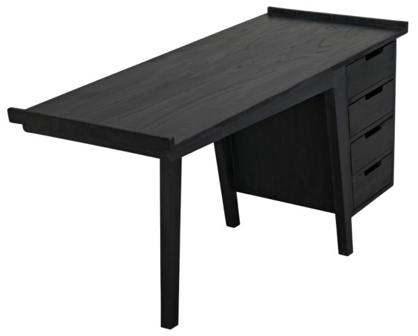 Black wood desk with 4 drawers on right side. top view.