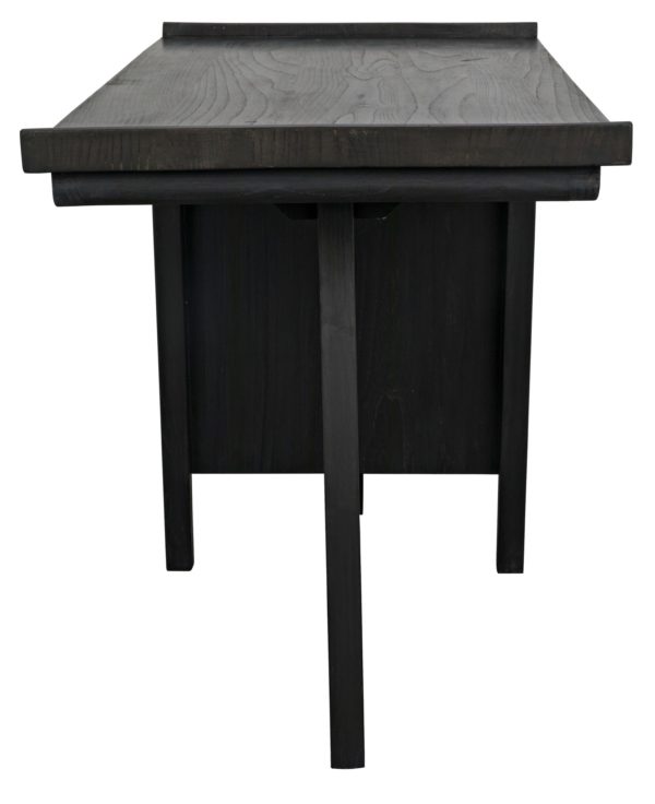 Black wood desk with 4 drawers on right side, side view.