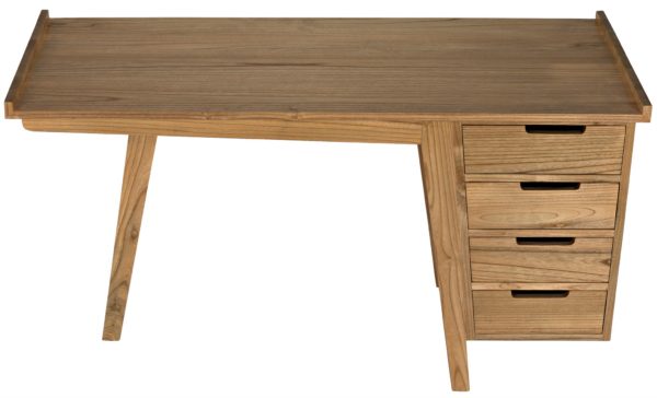 Honey color wood desk with 4 drawers on the right side, top view
