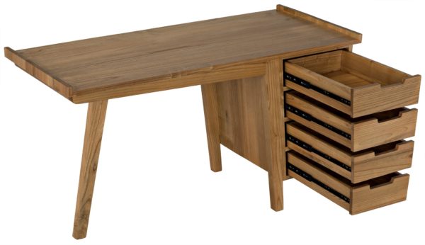 Honey color wood desk with 4 opened drawers