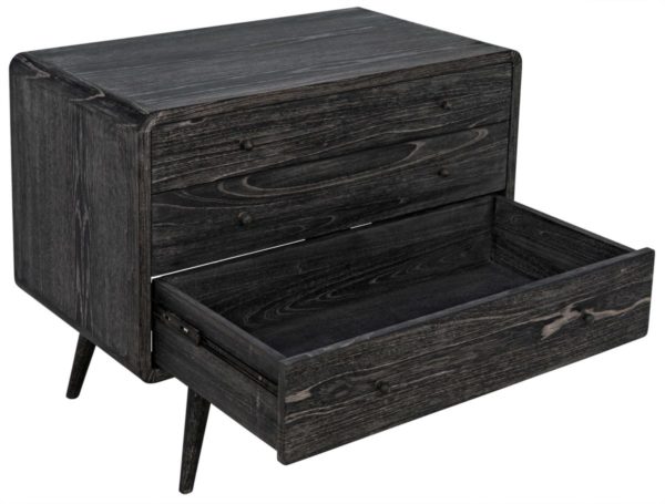 Small black dresser shown with open drawer