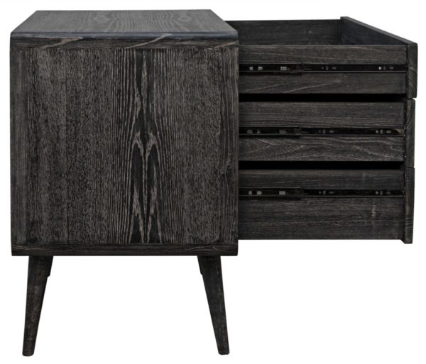Small black dresser with 3 drawers seen from the side