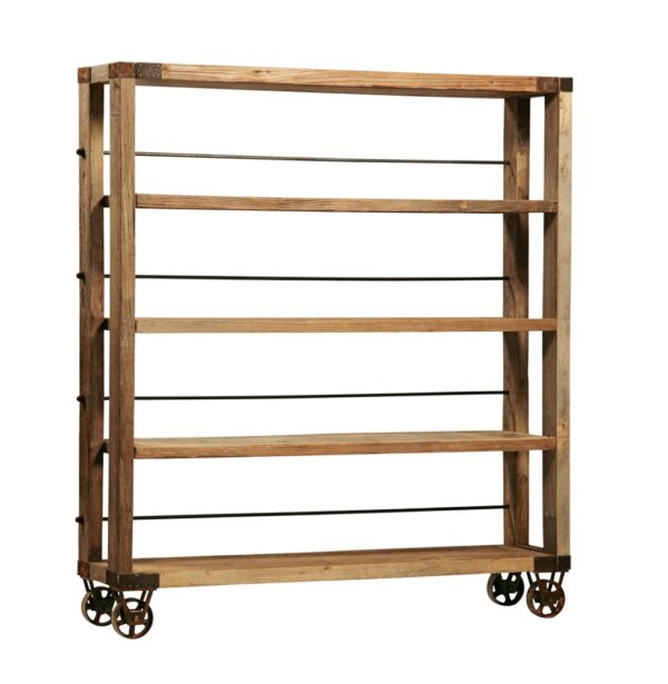 large industrial style bookcase on wheels