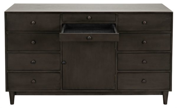 modern dark wood dresser with open drawer