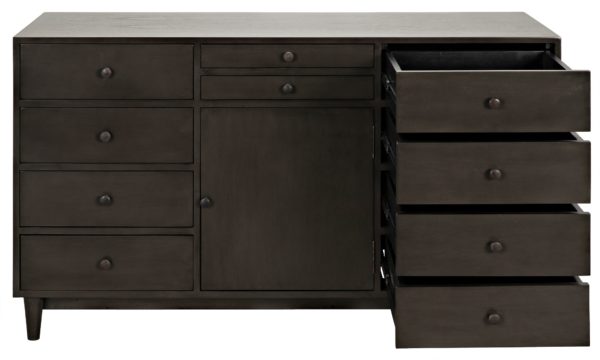 modern dark wood dresser with open drawers