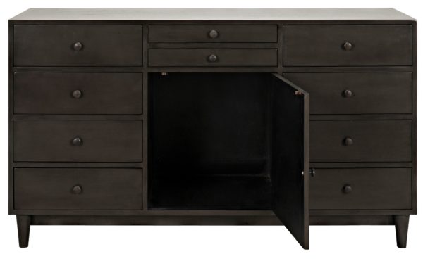 modern dark wood dresser with open door