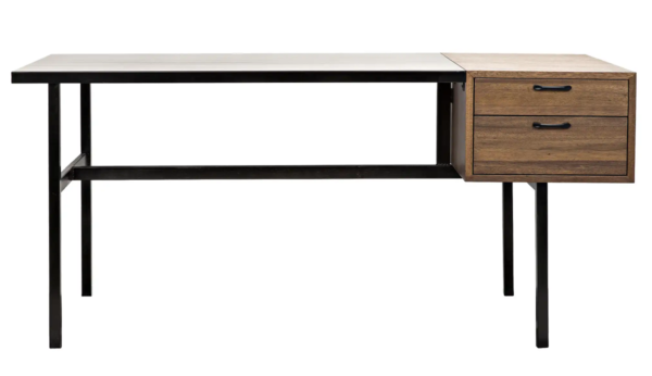 Walnut and black steel desk with drawers