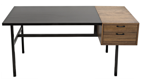 Walnut and black steel desk with drawers, top