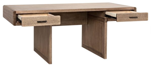 natural wood desk with open drawers