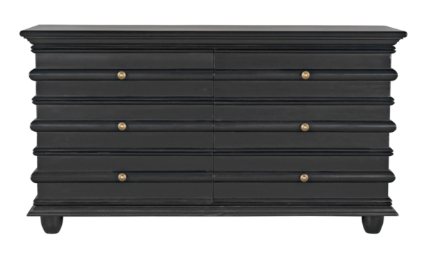 Black dresser with brass hardware from Noir Trading, front