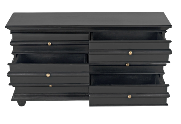 Black dresser with brass hardware from Noir Trading, open