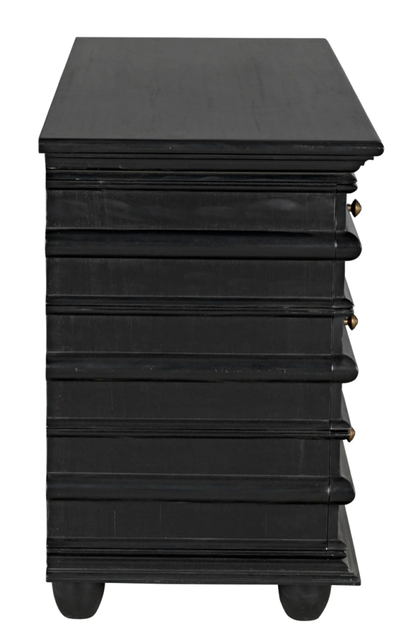 Black dresser with brass hardware from Noir Trading, profile