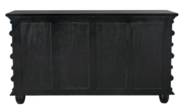 Black dresser with brass hardware from Noir Trading, back