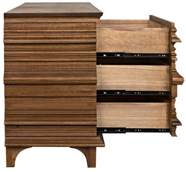 medium brown wood dresser with open drawers