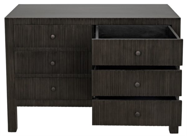 dark wood dresser with open drawers