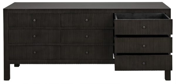 dark wood 9 drawer dresser with open drawers