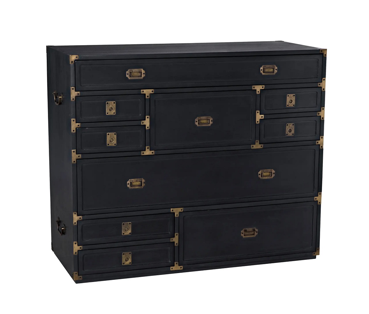 Japanese-style mahogany tansu chest with black pale finish and brass handles