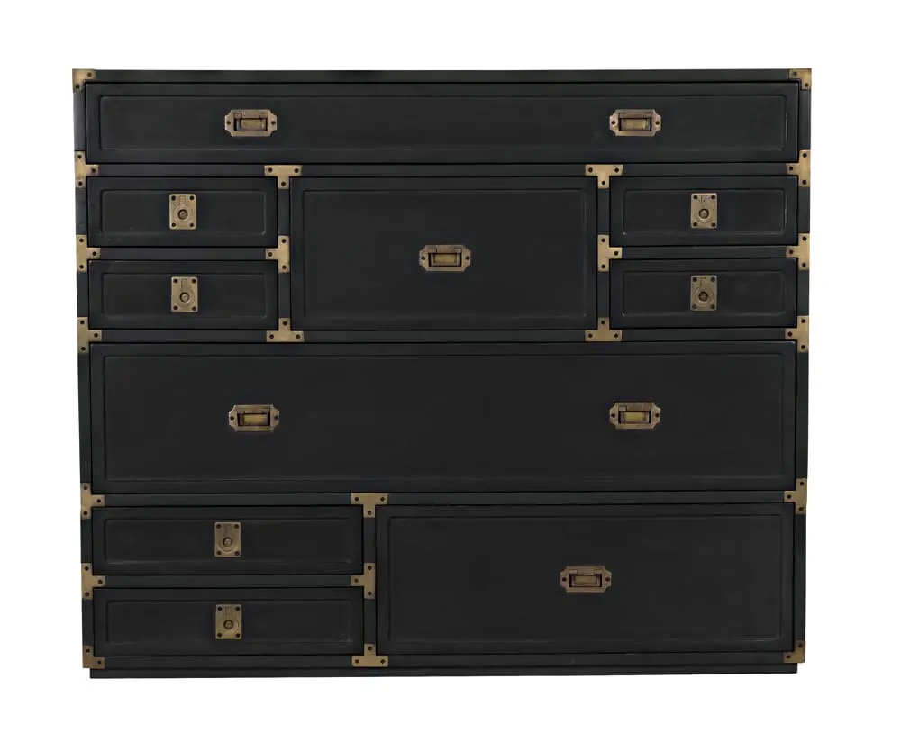 Japanese-style mahogany tansu chest with black pale finish and brass handles, front