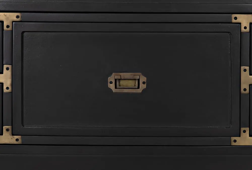 Japanese-style mahogany tansu chest with black pale finish and brass handles, detail drawer view
