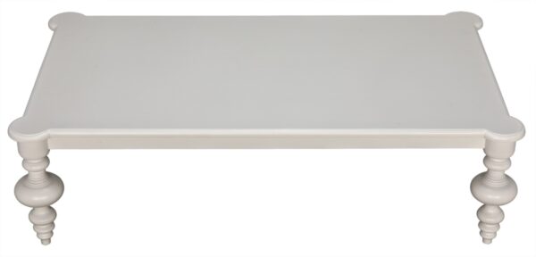 White wood coffee table with turned legs, view of the top