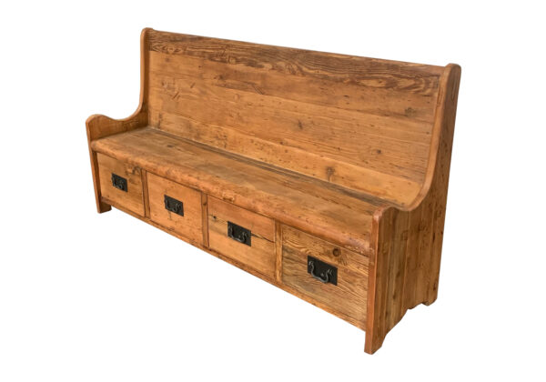 tall back wood bench with 4 drawers side view