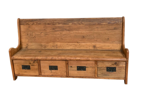tall back wood bench with 4 drawers front view