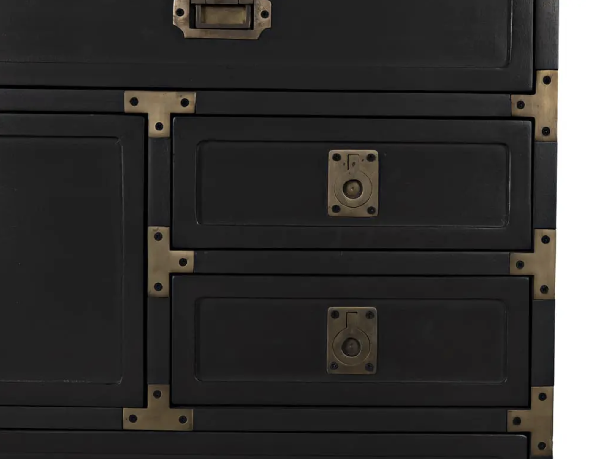 Japanese-style mahogany tansu chest with black pale finish and brass handles, close up