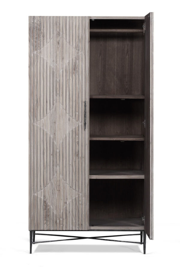 Tall grey wardrobe with hanging rod, open