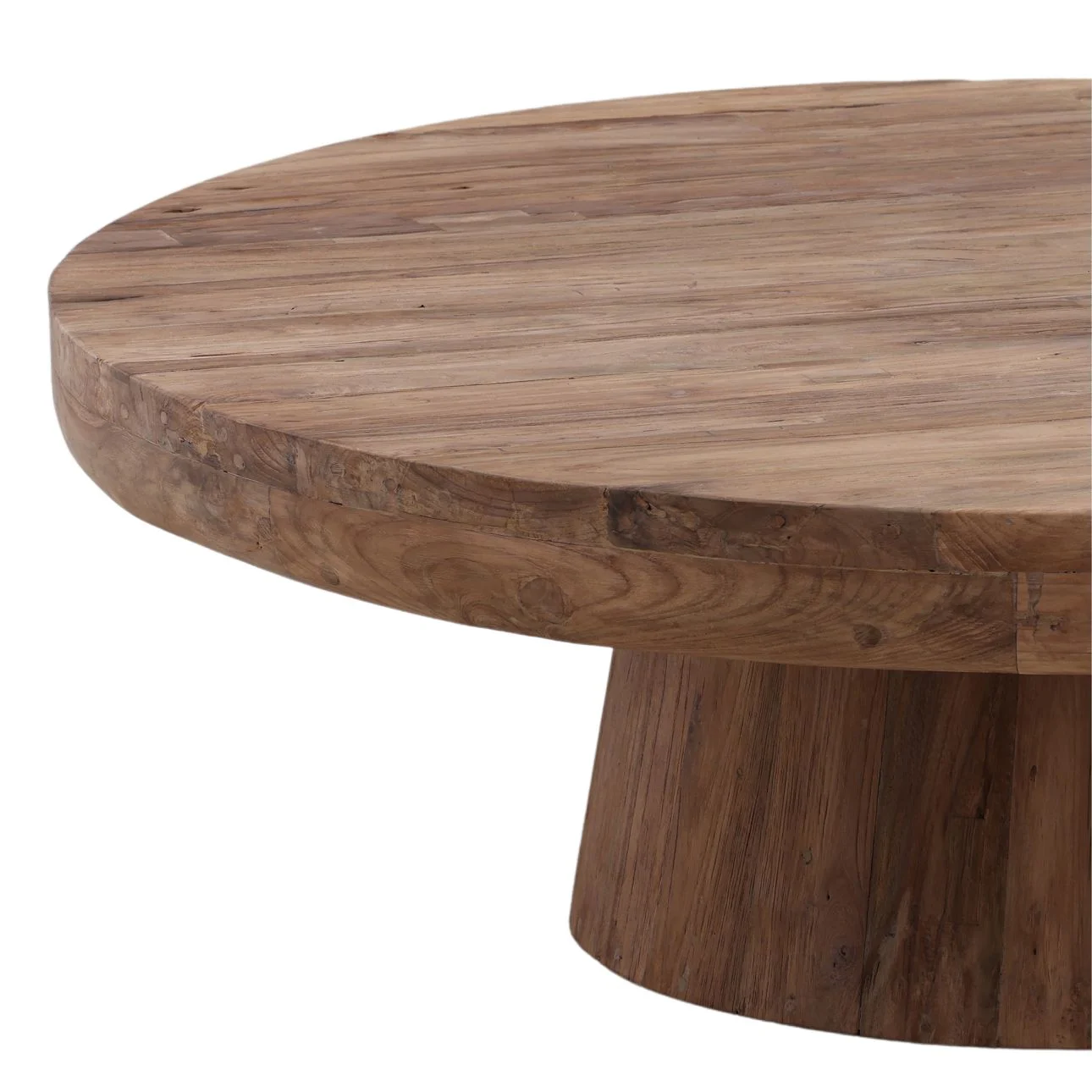 Round reclaimed teak wood coffee table with natural finish and pedestal base, showcasing rustic grain and organic texture, detail