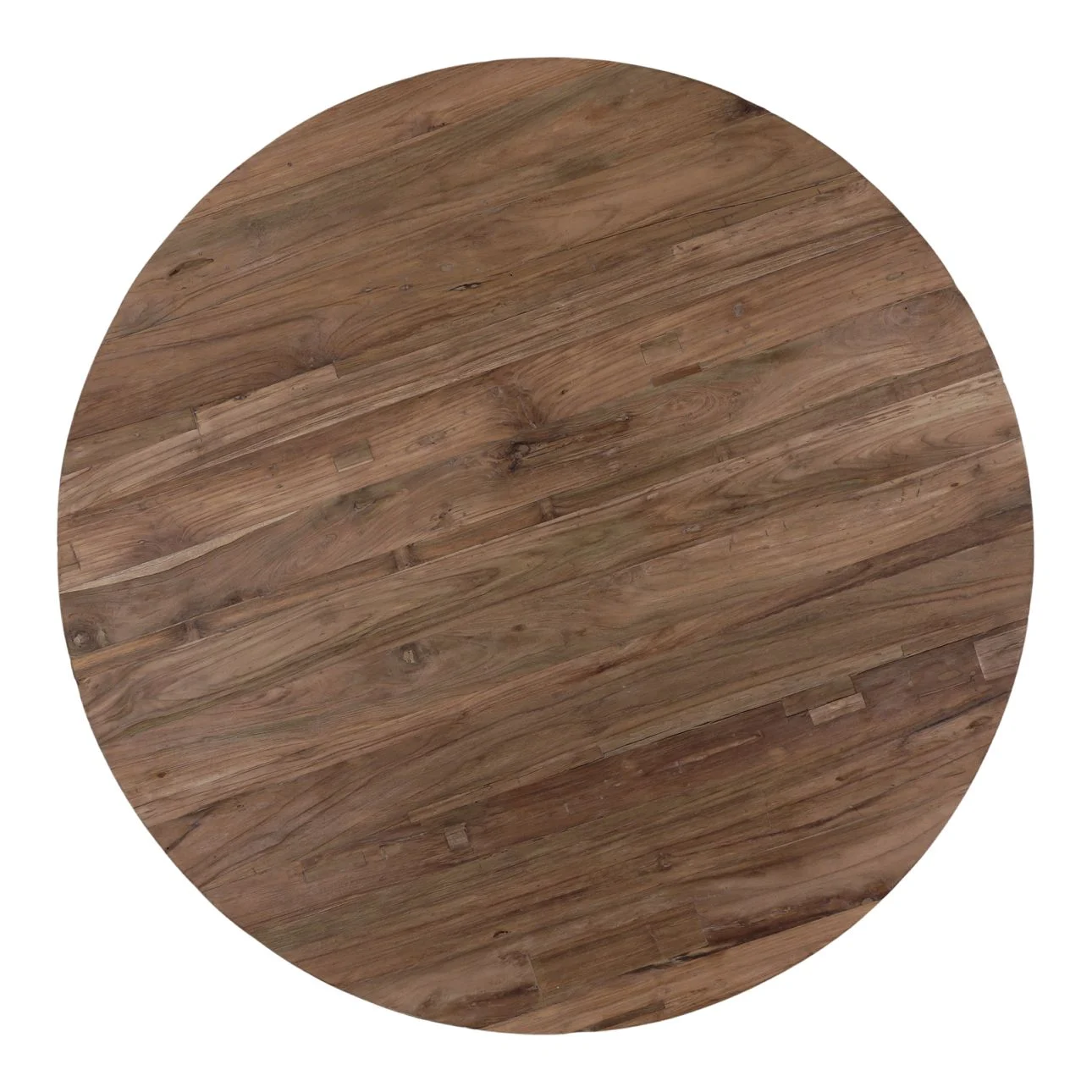 Round reclaimed teak wood coffee table with natural finish and pedestal base, showcasing rustic grain and organic texture. top view