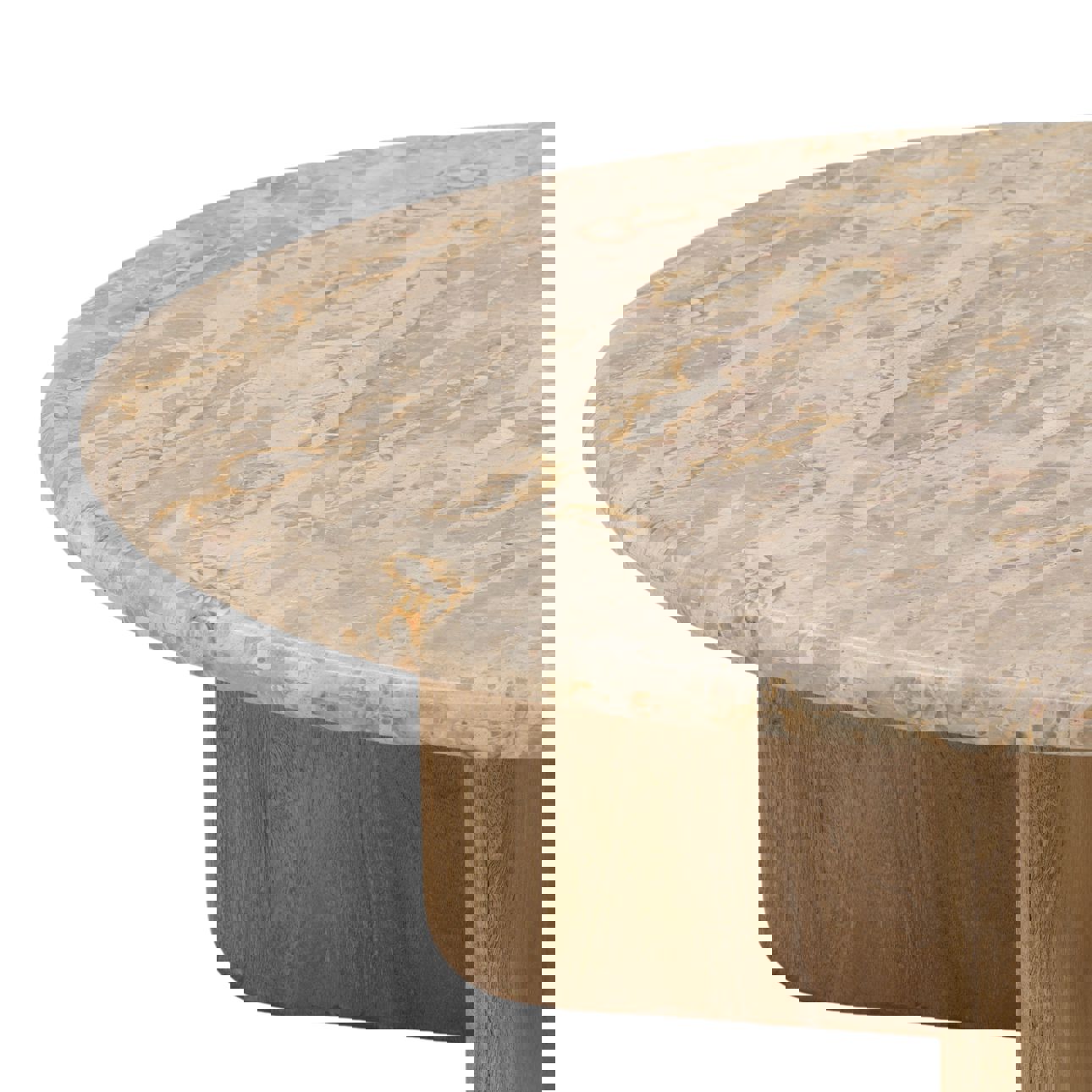 Round coffee table with natural mango wood base and smooth tendu marble top. Top view detail