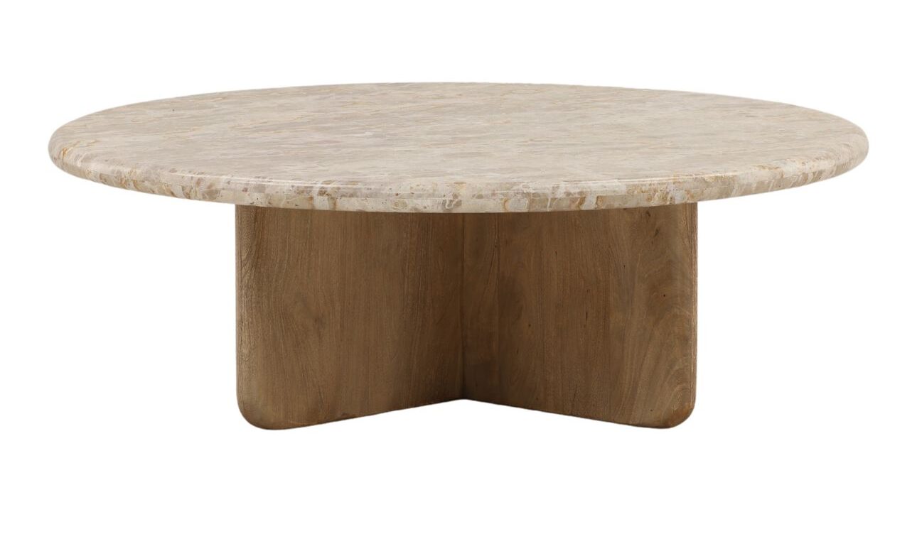 Round coffee table with natural mango wood base and smooth tendu marble top. Side view