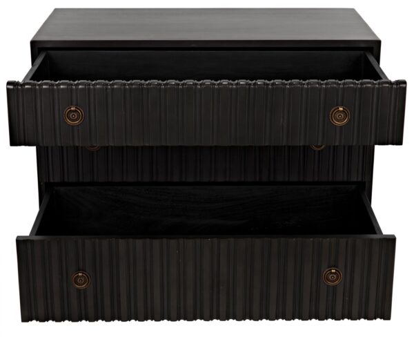 Noir small black dresser with 3 drawers shown with drawers open
