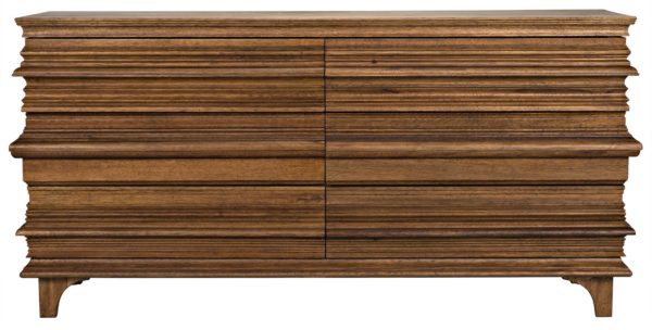 medium brown wood dresser with 6 drawers