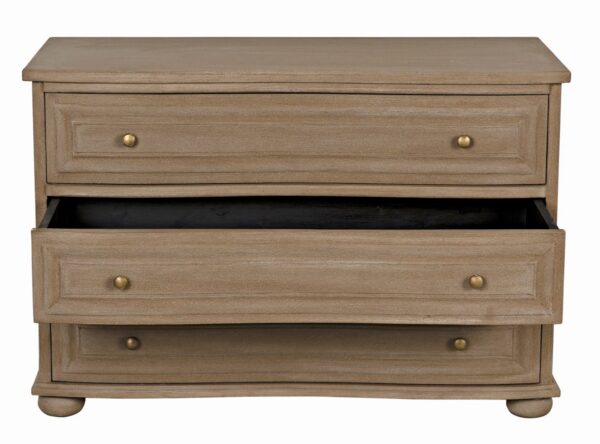 Elegant natural wood 3 drawer dresser from Noir Trading, open