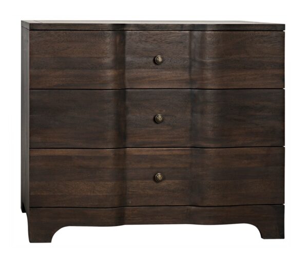 Small chest with 3 drawers in dark walnut finish.