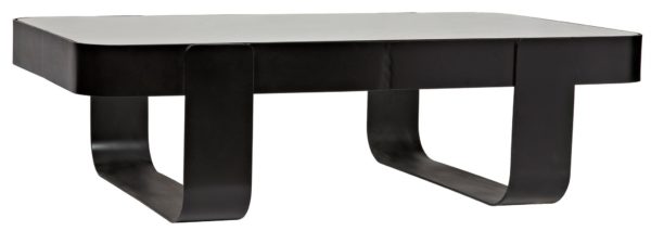 Black steel and glass top coffee table, side view
