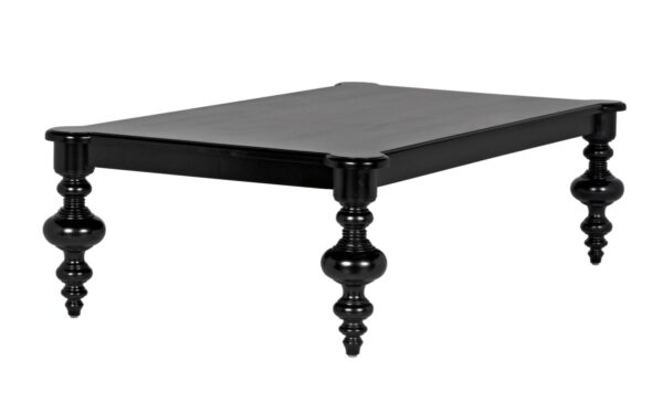 Noir black coffee table with turned legs, side view