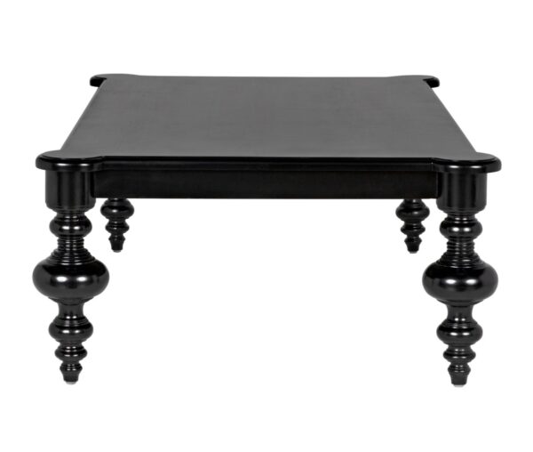 Noir black coffee table with turned legs, profile view