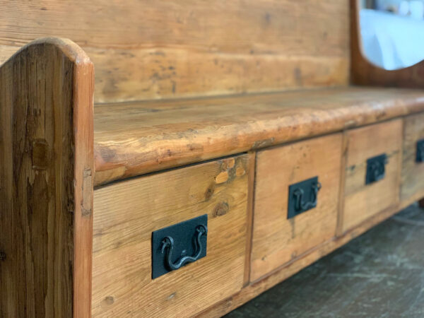 tall back wood bench with 4 drawers close up