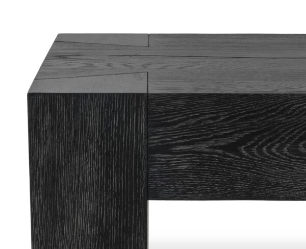 Black solid oak wood console table, close up